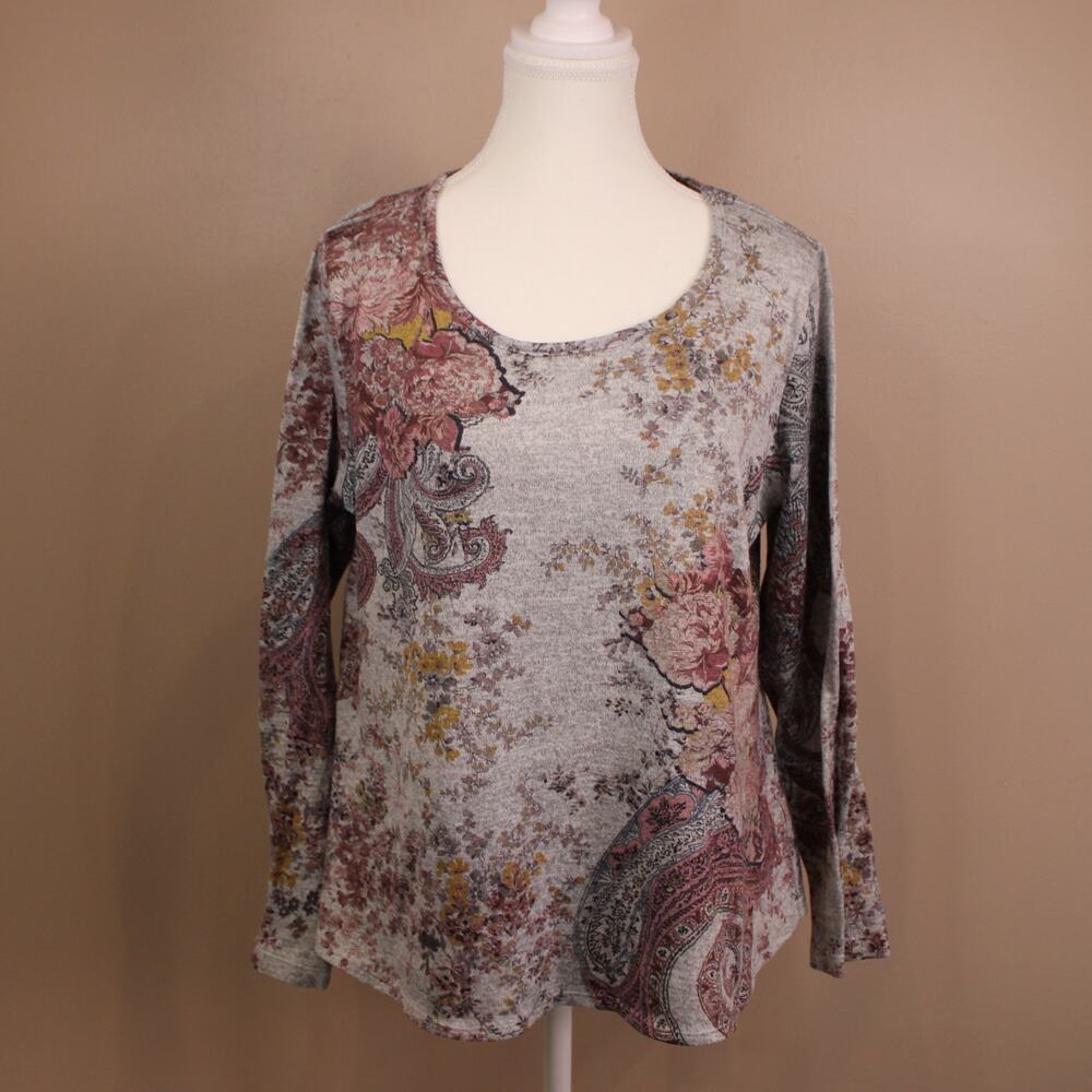 Women's Style & Co Gray & Pink Floral Scoop Neck Lightweight Sweater sz L